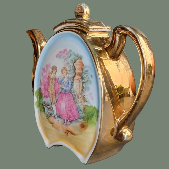 Vintage 1950s Gold Rimmed "The Lovers" Fragonard-Style Demitasse Tea Pot - Picture 2 of 5